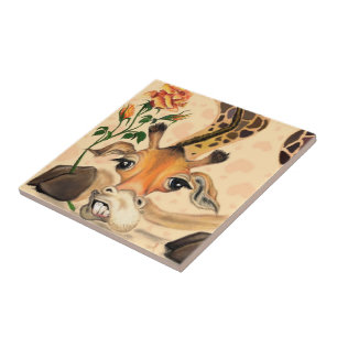 Funny Ceramic Tile Giraffe with Rose Tegeltje