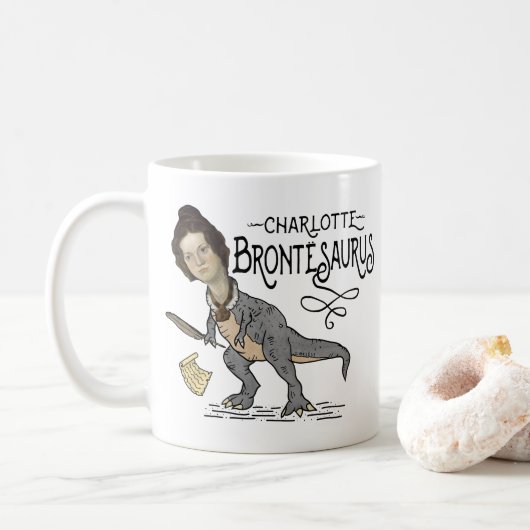 Funny Charlotte Bronte Saurus Dinosaur Book Reader Koffiemok (Met donut)