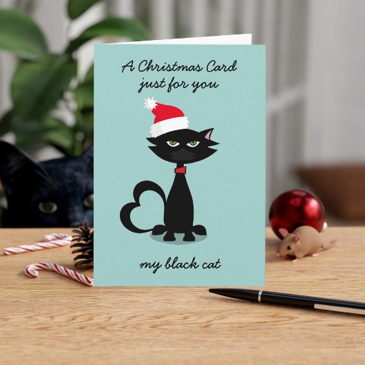 Funny Chat noir à Santa Hat Carte de Noël