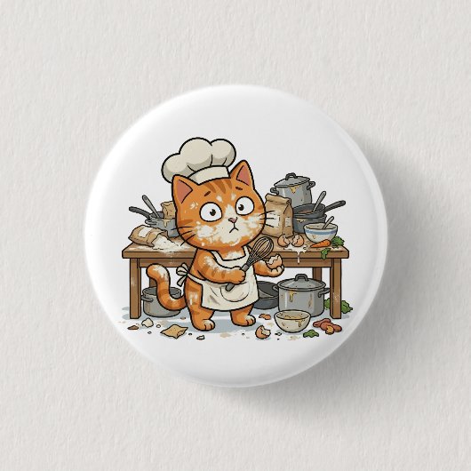 Funny Chef Cat Messy Kitchen Button (Voorkant)