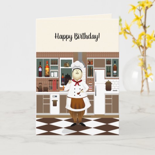 Funny Chef met Groot Pet in Keuken Happy Birthday Kaart (Gele Bloem)
