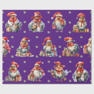 Funny Chicken Christmas Holiday Shoppers Paarse Cadeaupapier