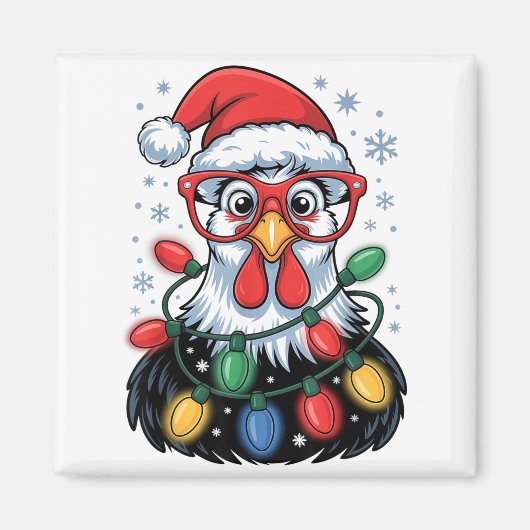 Funny Chicken Christmas Tree Lights Santa Hat Xmas Magneet (Voorkant)