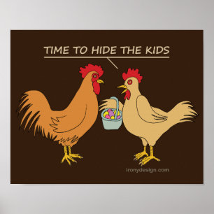 Funny Chicken Easter Hunt Cartoon Brown Poster
