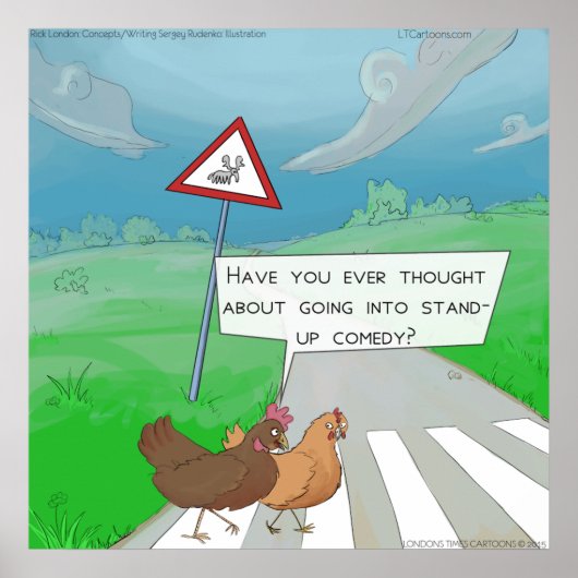 Funny Chickens Crossing Road Cartoon Poster (Voorkant)
