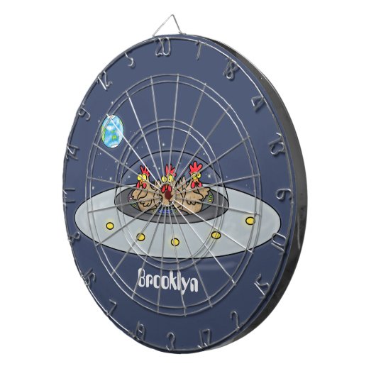 Funny chickens in space cartoon illustratie dartbord (Voorkant Rechts)