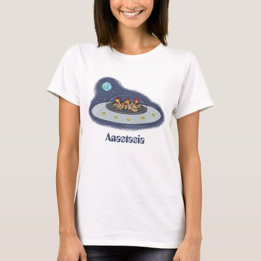Funny chickens in space cartoon illustratie t-shirt (Voorkant)