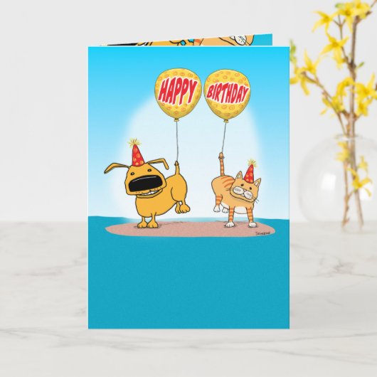 Funny Chien et Chat Balloon Tails Carte d'annivers (Fleur jaune)