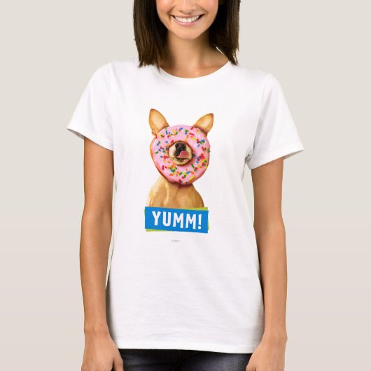 Funny Chihuahua Dog met Sprinkle Donut op Nose T-shirt (Voorkant)