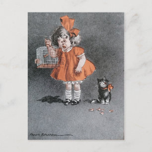 Funny Child and cheeky Cat  antiek Briefkaart