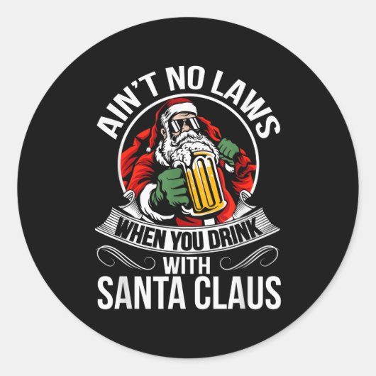 Funny Christmas Beer Drinking With Santa Clause  Ronde Sticker (Voorkant)