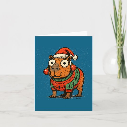Funny Christmas Capybara With Santa Hat &amp; Swea Kaart (Voorkant)
