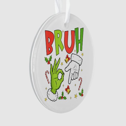 Funny Christmas Design with ‘BRUH’, Cartoon Hands, Ornament (voorkant)