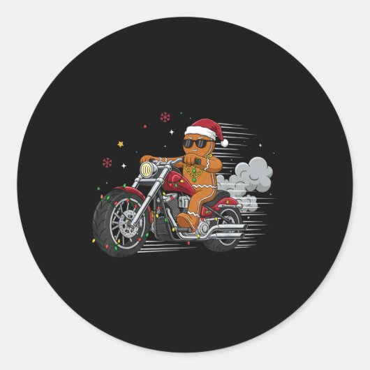 Funny Christmas Gingerbread Man Biker Riding A Mot Ronde Sticker (Voorkant)