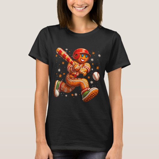 Funny Christmas Gingerbread Man Playing Baseball C T-shirt (Voorkant)