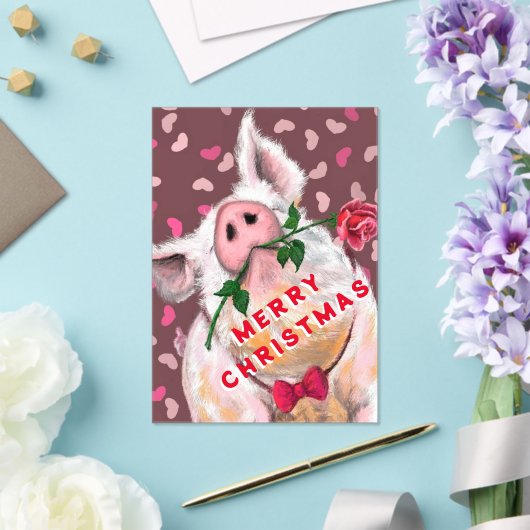 Funny Christmas Kaart Gentleman Pig met Roos Acryl Uitnodigingen (Insitu (Huwelijk))