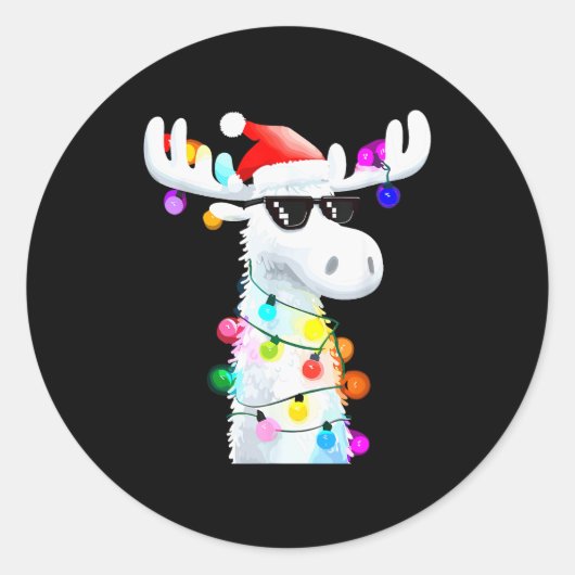 Funny Christmas Moose With Sungles And Holiday Lig Ronde Sticker (Voorkant)