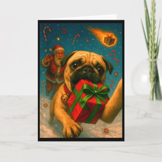 Funny Christmas Pug Shirt - Selfie With Santa Xmas Kaart (Voorkant)