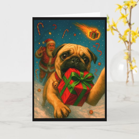Funny Christmas Pug Shirt - Selfie With Santa Xmas Kaart (Gele Bloem)