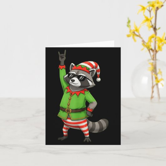 Funny Christmas Raccoon Dressed As Elf With Sungle Kaart (Gele Bloem)