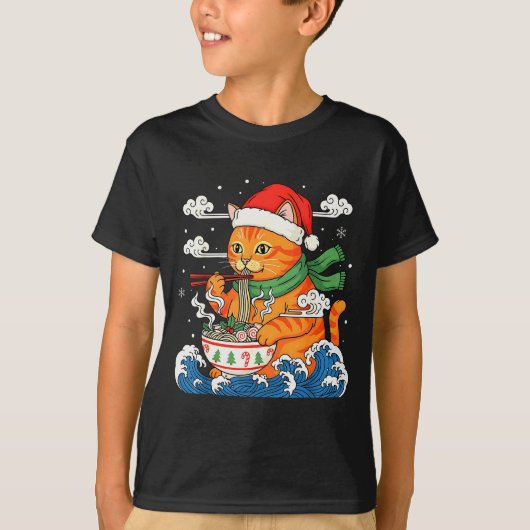 Funny Christmas Ramen Cat Eating Noodles Japanese T-shirt (Voorkant)