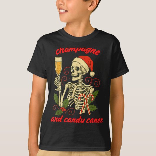 Funny Christmas Skeleton Champagne And Candy Canes T-shirt (Voorkant)