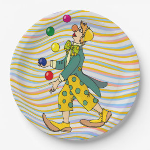 Funny Clown die speelt met kleurrijke balls Papieren Bordje