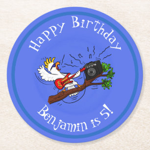 Funny cockatoo speelt rockgitaar cartoon ronde kartonnen onderzetter