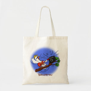 Funny cockatoo speelt rockgitaar cartoon tote bag
