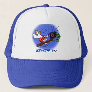 Funny cockatoo speelt rockgitaar cartoon trucker pet
