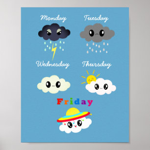 Funny Colorful Kawaii Cartoon Cloud TGIF Kind Poster