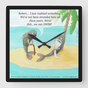 Funny Confused Fish Cartoon Square Wall Clock Vierkante Klok