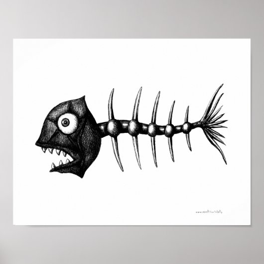Funny coole fish skeleton inkt tekening kunst poster (Voorkant)