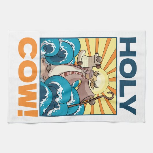 Funny Cow Holy Cow! Visual Pun Animal Cartoon Theedoek (Horizontaal)