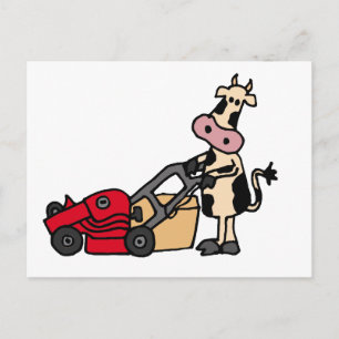 Funny Cow Pushing Red Lawn Mower Cartoon Briefkaart
