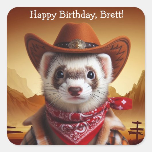 Funny Cowboy Ferret Westerne Stijl Verjaardag Vierkante Sticker (Voorkant)