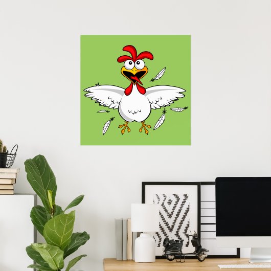 Funny Crazy Cartoon Chicken Wing Fling Poster (Thuiskantoor)
