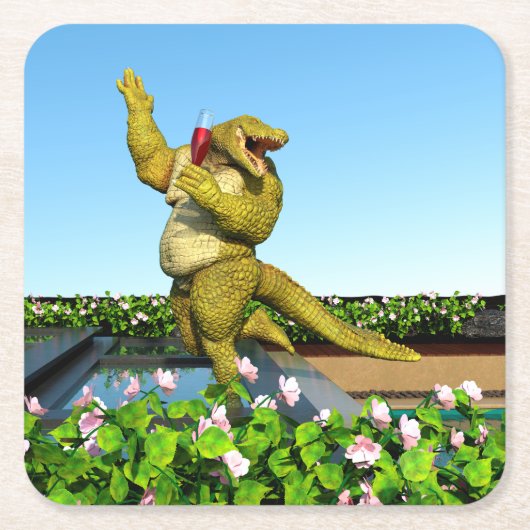 Funny Crocodile Drinking Champagne Vierkante Kartonnen Onderzetter (Voorkant)