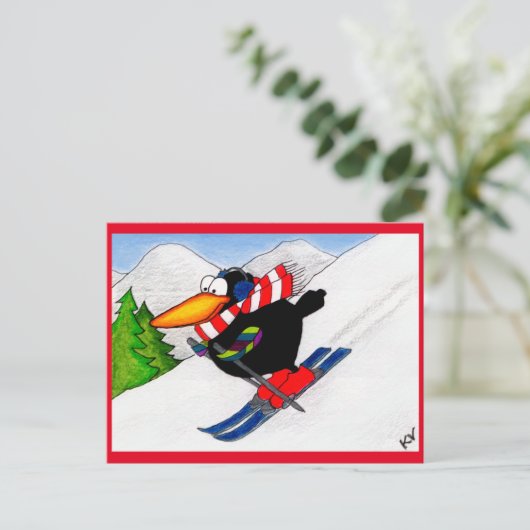 Funny Crow Winter Ski Carte postale Vacances (Debout devant)