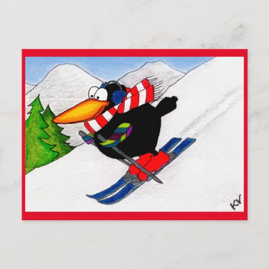 Funny Crow Winter Ski Carte postale Vacances (Devant)