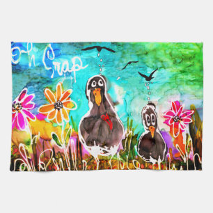 Funny Crows and Flowers Oh Crap Kitchen Towel Theedoek