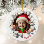 Funny Custom Face Photo Christmas Elf Name Holiday Keramisch Ornament