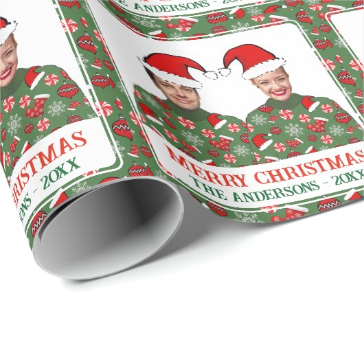 Funny Custom Photo Merry Kerstly Ugly Sweater Cadeaupapier (Rol Hoek)
