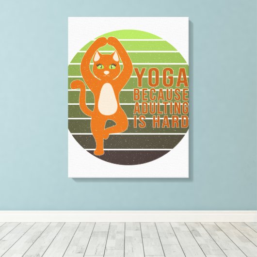 Funny cute cat doing yoga. funny yoga design canvas afdruk (Insitu (Houten vloer))