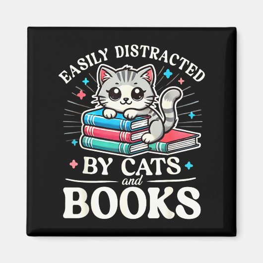 Funny Cute Easily Distracted By Cats And Books  Magneet (Voorkant)