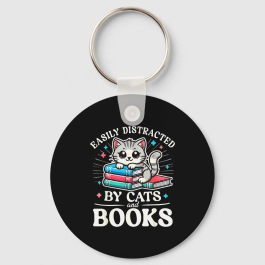 Funny Cute Easily Distracted By Cats And Books Sleutelhanger (Voorkant)