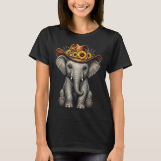 Funny Cute Elephant Sunflower Cowboy Hat Western  T-shirt