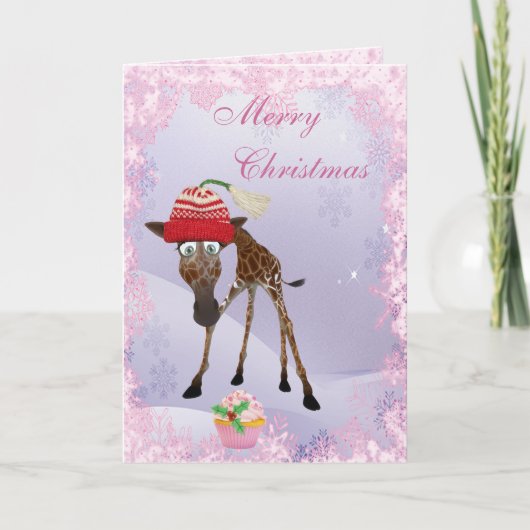 Funny Cute Giraffe & Pink Cupcake Carte de Noël (Devant)
