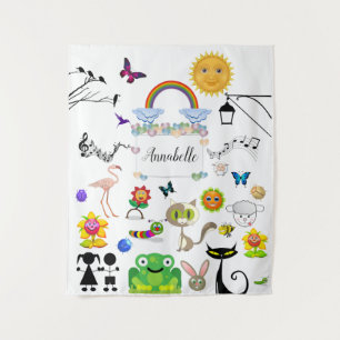 Funny Cute Happy Cartoon Characters personaliseren Wandkleed