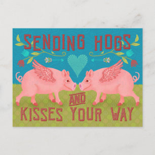 Funny Cute Hogs en Kisses Pig Pun Sending Love Feestdagenkaart